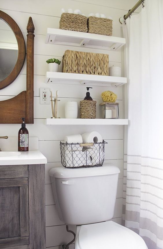 Bathroom with shelves and rattan baskets
