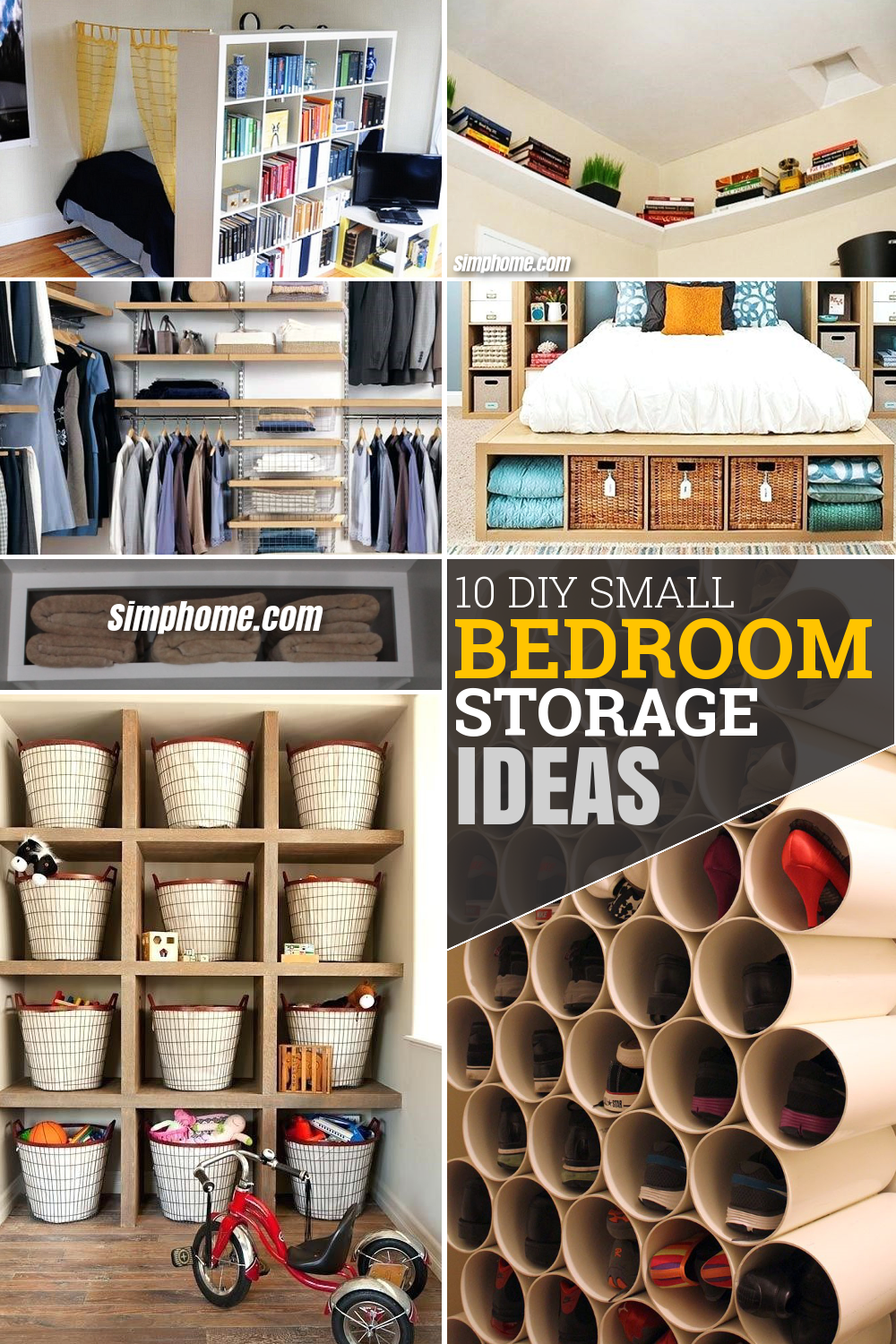 10 DIY Small Bedroom Storage Ideas via Simphome.com Pinterest Featured image