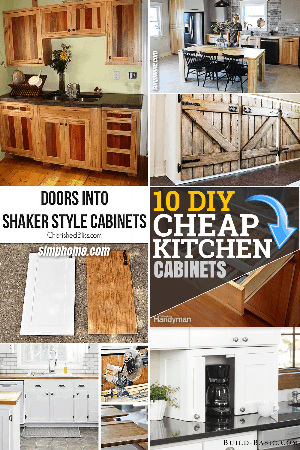 10 DIY Cheap Kitchen Cabinet Projects via Simphome.com Pinterest featured Image