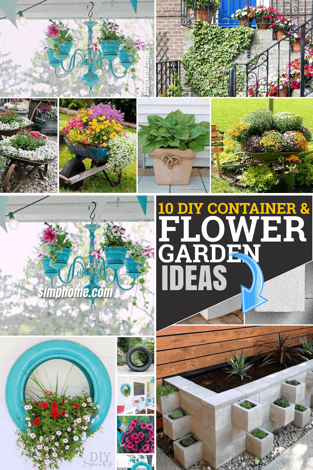 10 DIY flower garden ideas and containers via Simphome.com Featured pinterest image