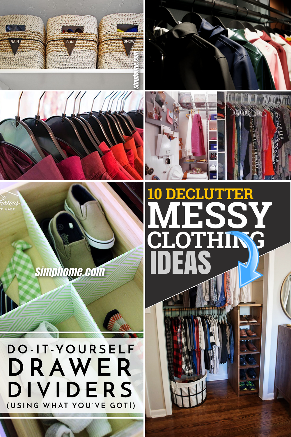 10 declutter messy closet ideas via Simphome.com Featured Pinterest Image