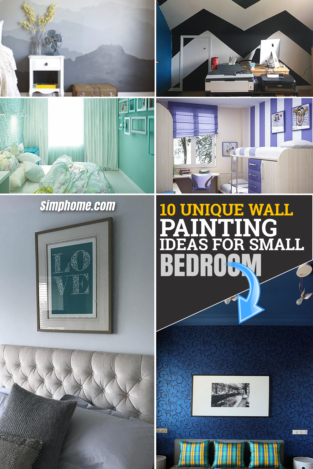 10 Unique Wall Painting Ideas for Small Bedroom via Simphome.com Featured Long Pinterest Image