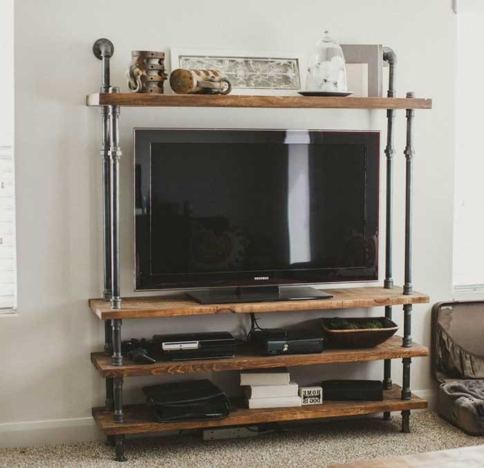 3. Pipeline and Wood TV Stand with Storage via Simphome