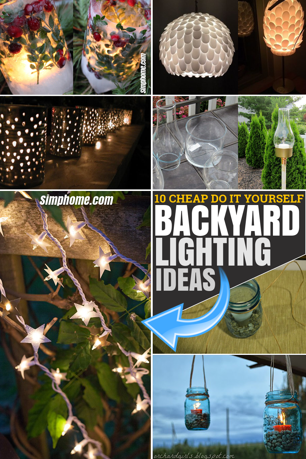 10 Cheap DIY Backyard Lighting Ideas via SIMPHOME.COM Pinterest Featured Image