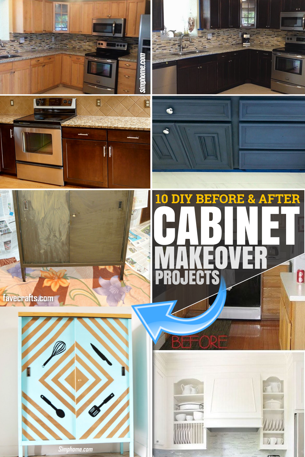 10 DIY before and after cabinet makeover projects via SIMPHOME.COM Featured Pinterest Image