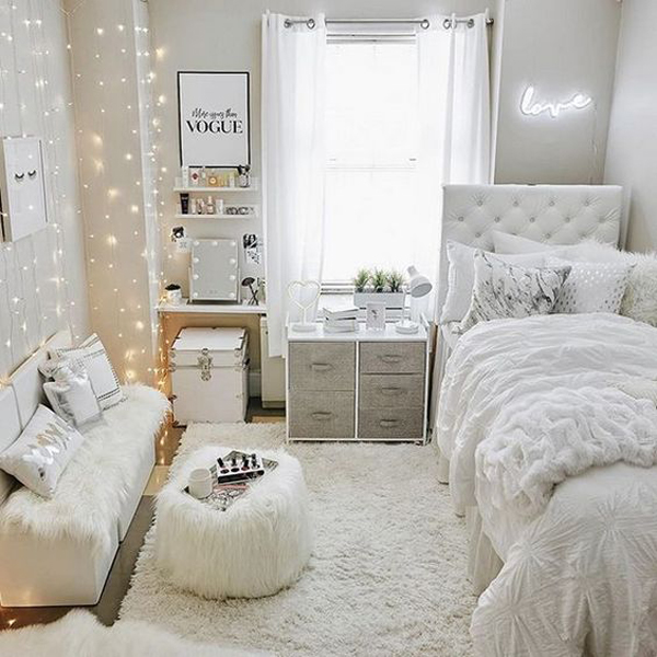 1.white elegant dorm room ideas for girl via Simphome.com