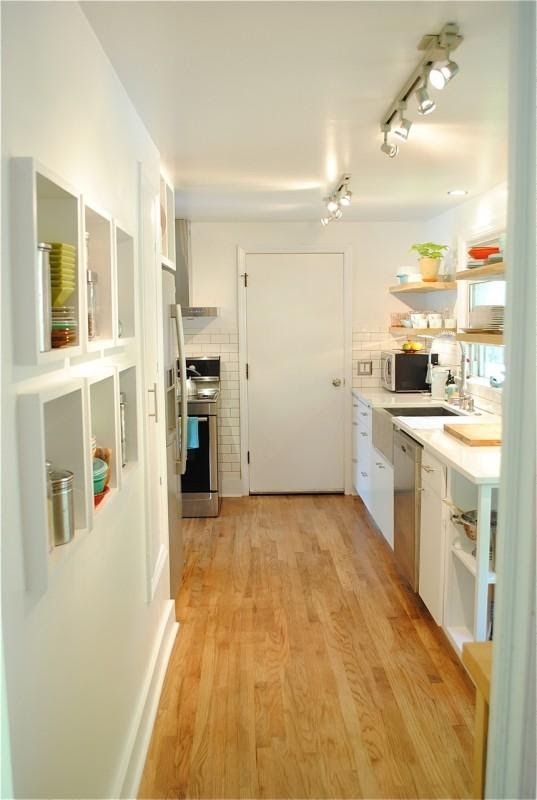 3. Remodeling a Kitchen Galley with Floating Shelves by simphome.com